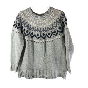 J. Crew Womens Merino Wool Blend Fair Isle Ski Sweater Crew Neck Gray L